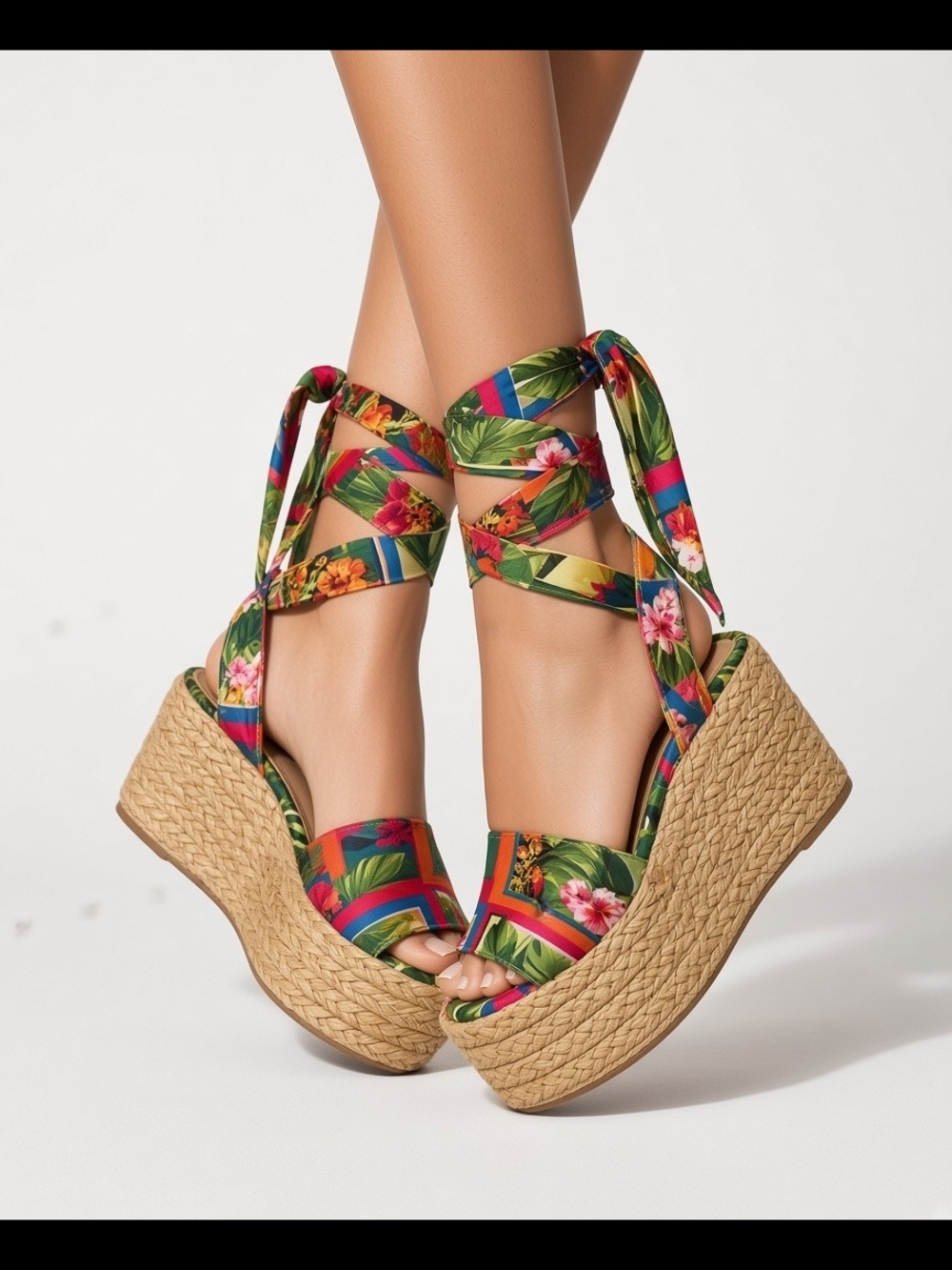 Tropical Floral Wrap Espadrille Wedge Sandals - Multicolor
